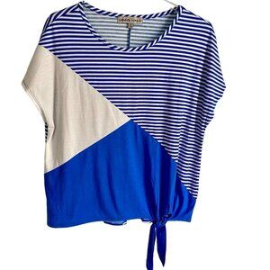 Absolutely Famous Short Sleeve Blue White Top with Front Tie Women's Medium